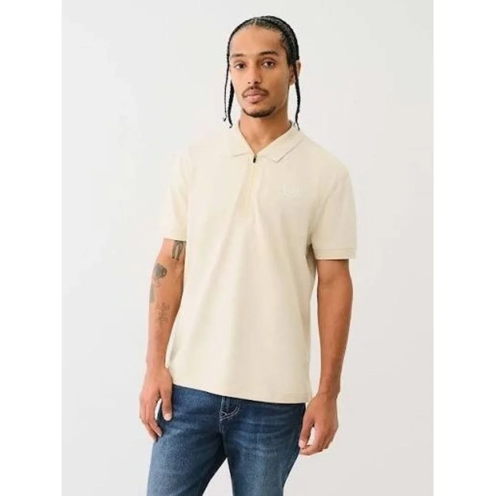 True Religion Mens Tape Logo Zipper Polo Shirt Color Fog Medium New
